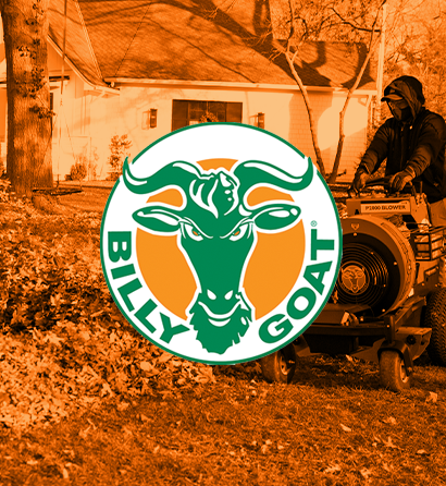 Billy Goat logo overlaying a fall yard cleanup scene with a person operating a leaf blower in a residential neighborhood